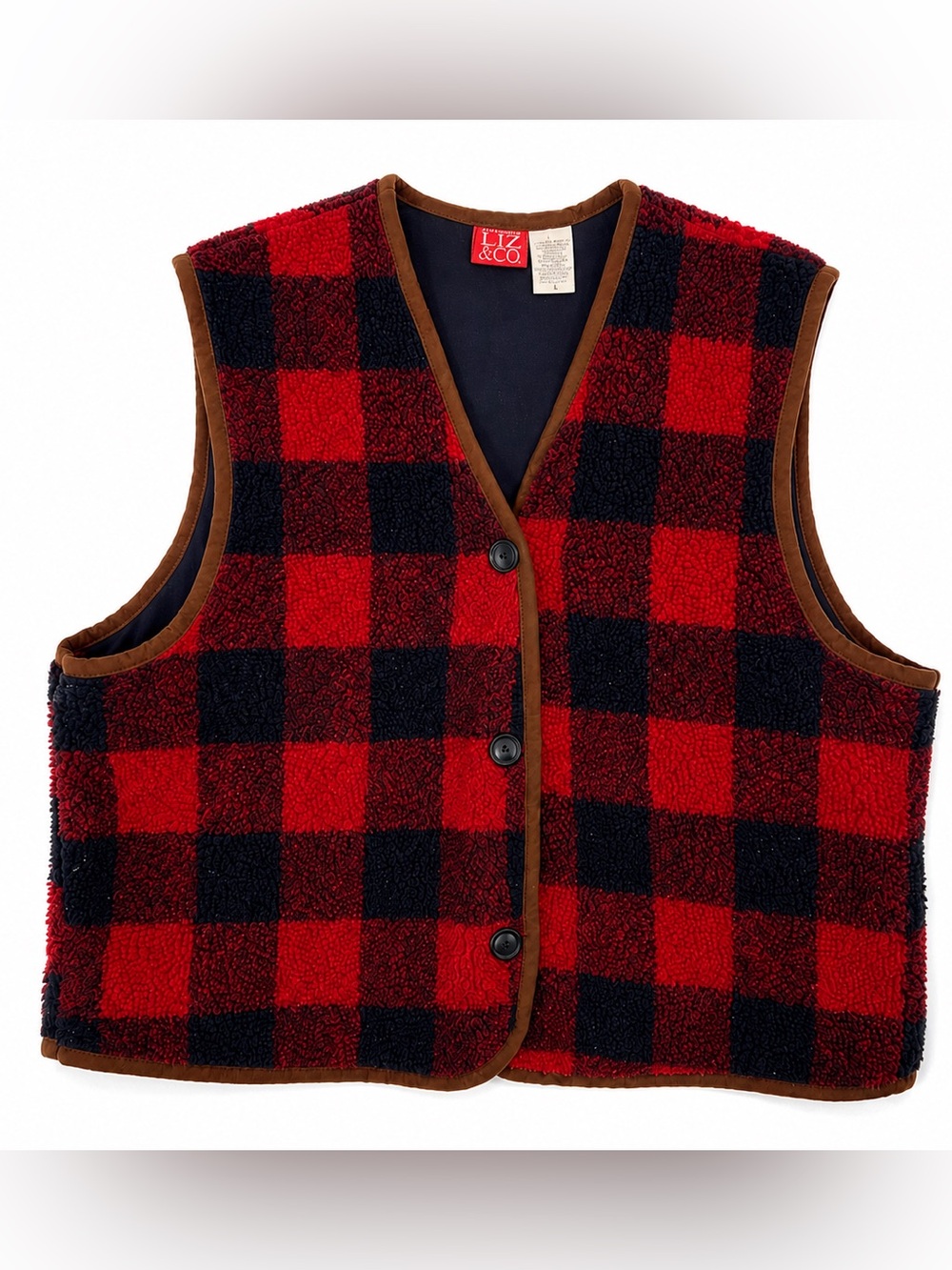 Vintage Red Black Vest Buffalo plaid fleece size large fall clothing by Liz & Co